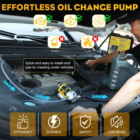 Man using Electric Oil Change Pump 12V 100W Kit With Portable Case Copper Motor Heavy Duty Cable Safety Switch in engine bay