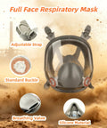 All Day Comfort Full Face Respirator Mask With Reusable Dual Filter System shown with adjustable strap, breathing valve, and silicone material.