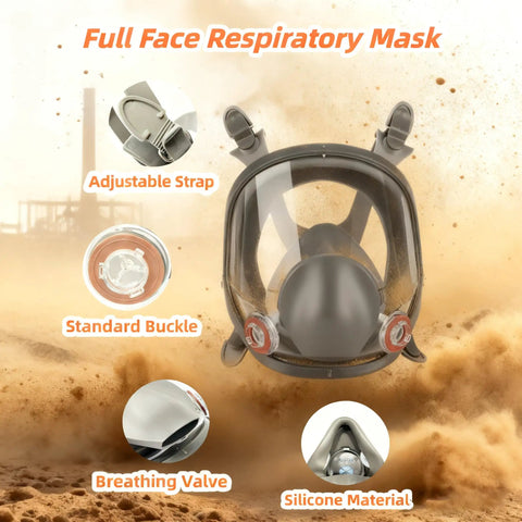 All Day Comfort Full Face Respirator Mask With Reusable Dual Filter System shown with adjustable strap, breathing valve, and silicone material.