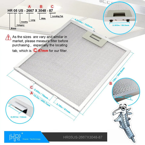 Upgraded W10169961A Universal Fit Aluminum Range Hood Filter Replacement 10.5x12 Inch Mesh Grease Filter dimensions and design