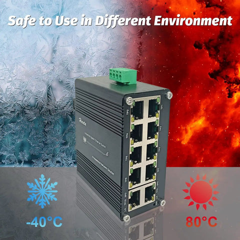 Rugged 10 Port Gigabit Ethernet Switch With Auto MDI X RJ45 Ports, suitable for extreme temperatures, shown in icy and fiery background