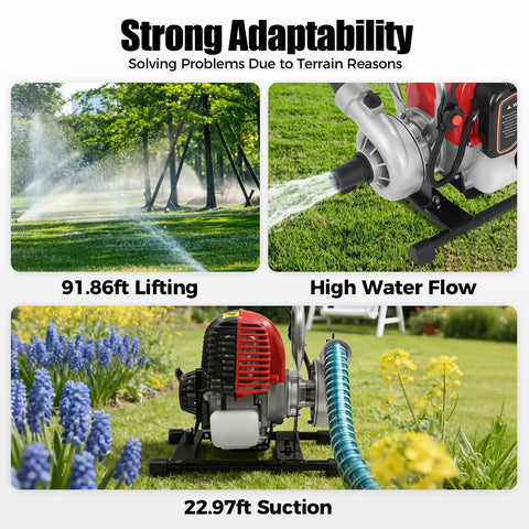 High Flow Gas Water Pump For Garden And Farm 1.6HP 4 Stroke Trash Pump with spraying, lifting, and suction features