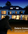 Nighttime view of a lit house exterior with a shadowy figure holding a flashlight, illustrating home security features.