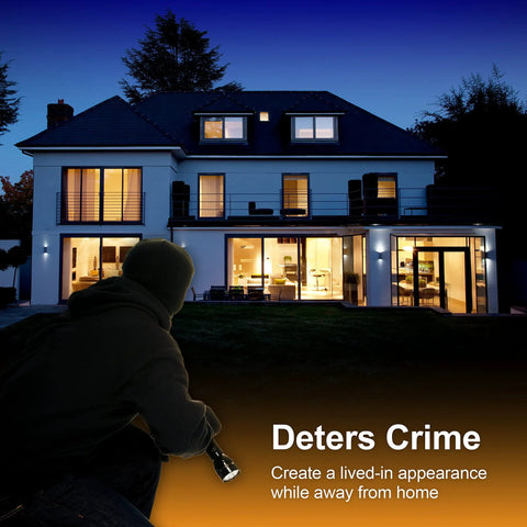 Nighttime view of a lit house exterior with a shadowy figure holding a flashlight, illustrating home security features.