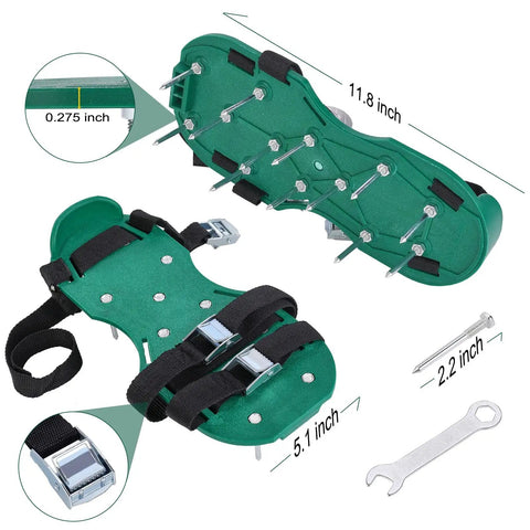 Lawn Aerator Shoes With 26 Spikes For Easy Yard Aeration, green plastic base, adjustable straps, length dimensions, included wrench