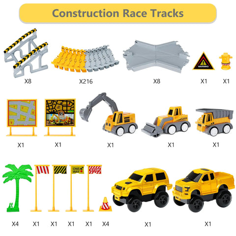 Ultimate 216 Piece Construction Race Track Playset For Kids Ages 3 4 5 6 7 8 With 5 Cars Flexible Track Signs Ramps And Trees
