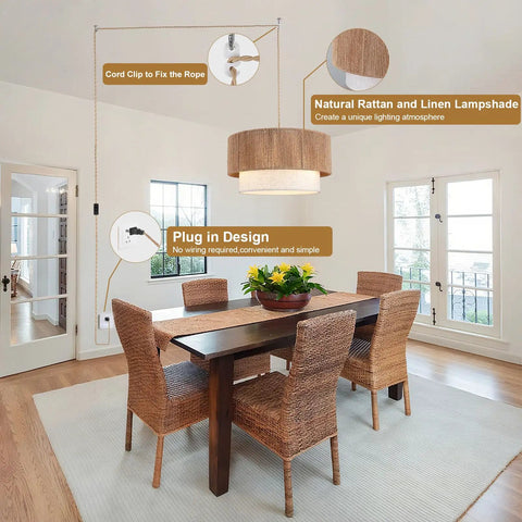 18 Inch Plug In Rattan Pendant Light With Premium Linen Shade Boho Ceiling Chandelier above a dining table in a bright room.