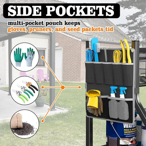 Side pocket of 36 Inch Large Garden Tool Organizer On Wheels With Grab And Go Side Pocket Three Tier Rolling Garage Storage Cart showing tools
