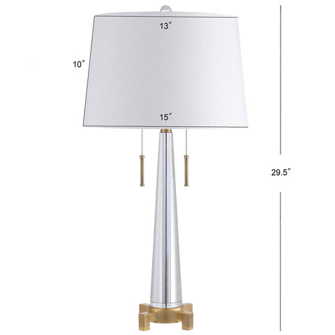 Crystal LED Table Lamp In Clear And Brass Gold Finish, 29.5 Inch Two Light Contemporary Glam Bedside Lamp With White Linen Drum Shade, Pull Chain, Energy Saving Bulbs Included, Perfect Living Room Accent