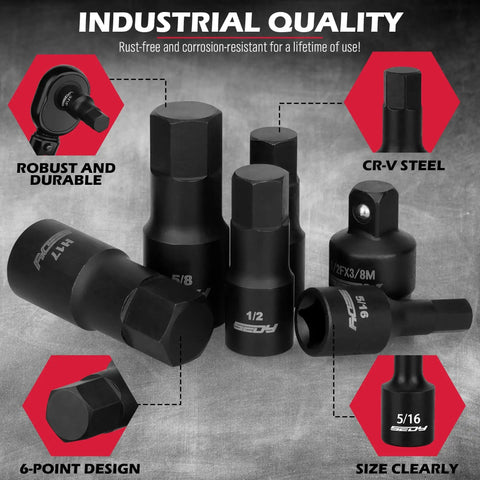 Impact Socket Set With 36 Piece Hex Bit Kit for quarter inch, three eighths inch and half inch drives shown in Cr-V steel.