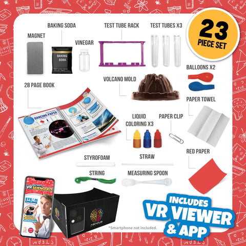 Image of Bill Nye Virtual Reality Science Kit For Kids Student Edition with VR viewer, volcano mold, and science experiment materials.