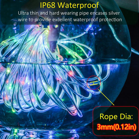 132ft LED Rope Lights Outdoor Waterproof Color Changing String Lights submerged in water, showing IP68 waterproof feature.