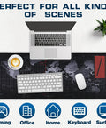 Top view of World Map Themed Go To Gaming Mouse Pad For Desk And Keyboard, Large 31.5 Inch By 11.8 Inch, Non Slip Base, set up with laptop and accessories.