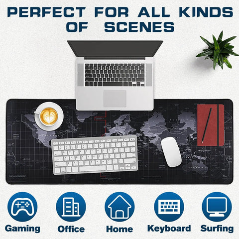 Top view of World Map Themed Go To Gaming Mouse Pad For Desk And Keyboard, Large 31.5 Inch By 11.8 Inch, Non Slip Base, set up with laptop and accessories.