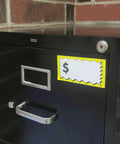 Filing cabinet with Large Item Pricing Labels 75 Count With Writable Space 4 By 2.25 Inches Yellow And White Peel And Stick visible