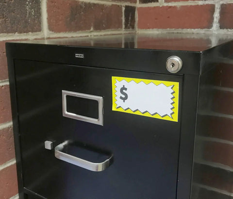 Filing cabinet with Large Item Pricing Labels 75 Count With Writable Space 4 By 2.25 Inches Yellow And White Peel And Stick visible