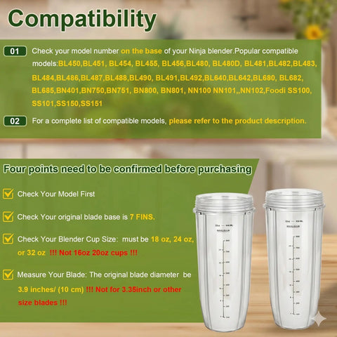 Compatibility chart and Two Pack 32oz Replacement Cups For Auto IQ Blenders Wide Compatibility With Various Models Durable BPA Free