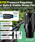 25 PSI garden hose regulator from All In One Drip Irrigation Starter Kit With A Two Way Y Splitter displayed with features