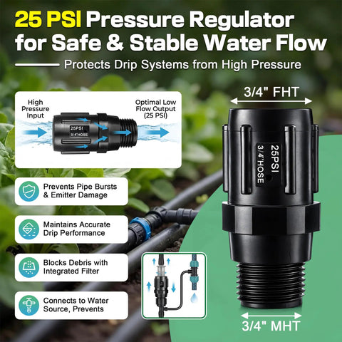 25 PSI garden hose regulator from All In One Drip Irrigation Starter Kit With A Two Way Y Splitter displayed with features