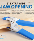 Close-up of 24 Pack 6 Inch Heavy Duty Spring Clamps Blue for Woodworking with 2.5 Inch Jaw Opening on wooden workbench.