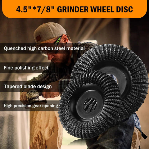 Worker using Go-To 4.5 Inch Wood Carving Disc With 7/8 Inch Arbor For Angle Grinder, showing textured disc design in wood workshop.