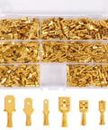 600 Piece Gold Plated Spade Connectors Crimp Terminals Kit 2.8mm 4.8mm 6.3mm Male Female Wire Blocks in storage box.