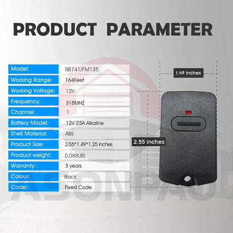 Product parameter display for Three Pack Gate Opener Remote For GTO Pro Access And Linear Systems FM135 RB741 MMT103 318MHz 9 Dip Switches