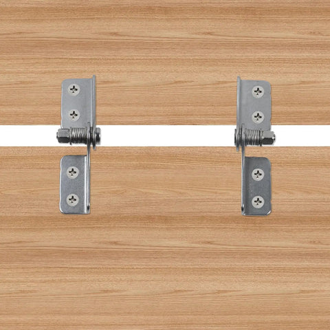 No Hassle Stainless Steel Flip Hinge Damper Set Two Pack Includes Quick Install Screws showing hinges on wooden surface.