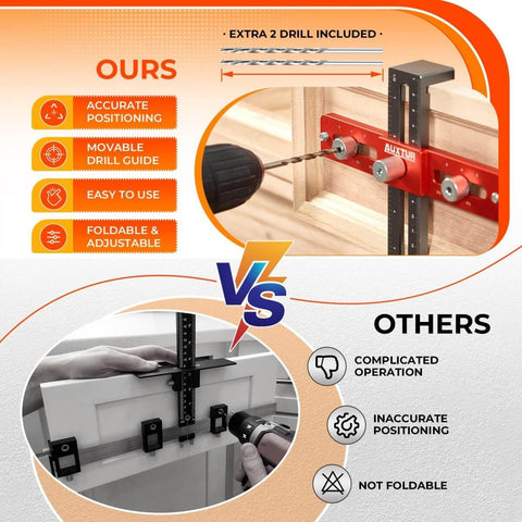 Comparison of Pro-Grade Adjustable Cabinet Handle Template Tool With Alignment Hole Drill Guide for knobs, with two drill bits.