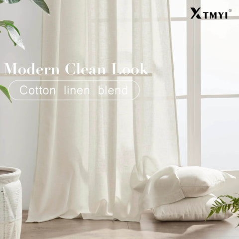 108 Inch Linen Look Curtains Set Of 2 Panels For Ceiling Track System With Hooks Sheer Light Filtering For Living Room