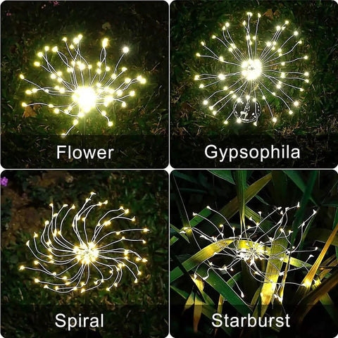 2 Pack Solar Firework Outdoor Lights For Garden Patio Yard And Pathway Waterproof IP65 With 8 Lighting Modes In Warm White