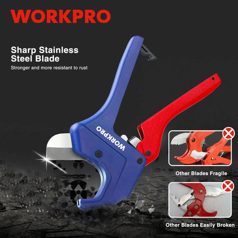 Built Tough Ratchet Pipe Cutter for PEX PVC PPR and Plastic Hoses Up to One and Five Eighths Inches, highlighting sharp stainless steel blade.