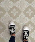 Cream Sullivan Peel And Stick Floor Tiles In White And Taupe For Farmhouse Style, 12 X 12 Inch Vinyl Tiles under sneakers