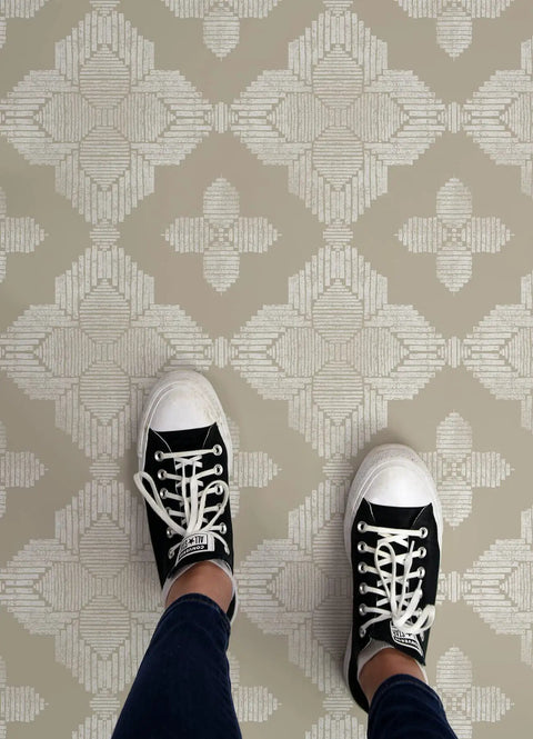 Cream Sullivan Peel And Stick Floor Tiles In White And Taupe For Farmhouse Style, 12 X 12 Inch Vinyl Tiles under sneakers