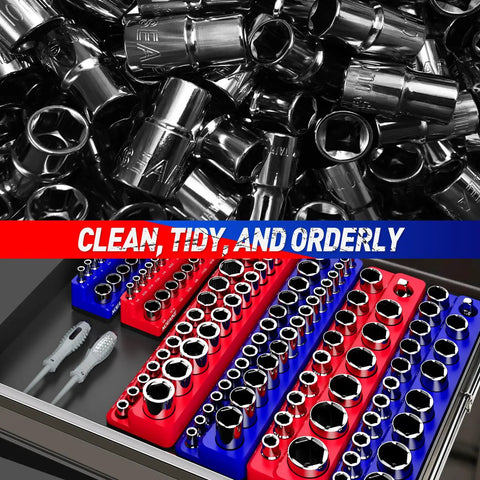 Rock Solid 4 Pack Magnetic Socket Organizer For Garage Storage Heavy Duty Quarter And Eighth Inch Drive Sae Metric Socket Holder Tray With Strong Magnet Base Keeps All Your Gear Properly Secured