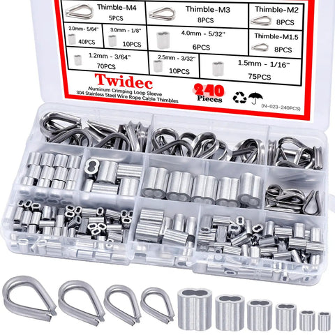 Heavy Duty Wire Rope Thimbles And Aluminum Crimping Loop Sleeves Kit for Rigging includes 240 piece set displayed in box