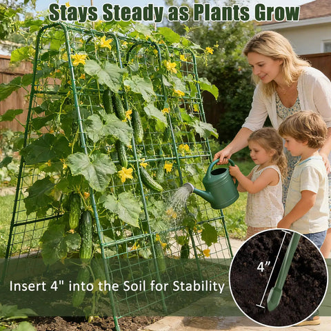 63 Inch Tall U Shape Cucumber Trellis For Raised Beds Garden Arch For Climbing Plants showing a family watering cucumbers
