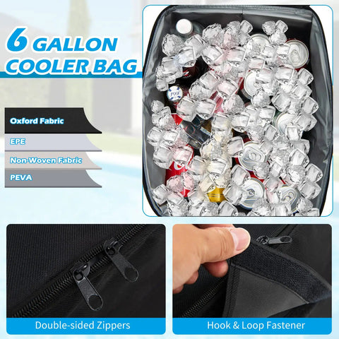 6-gallon cooler bag with ice and cans, oxford fabric, part of Two Person Porch Swing With Canopy Outdoor Swing With Pivot Storage Table.