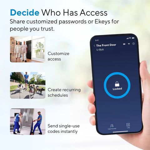 App displaying locked status of Keyless Front Door Smart Lock With WiFi Bridge 5 In 1 Entry, custom access options shown