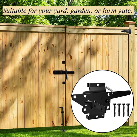 Self Locking Gate Latch Heavy Duty Automatic Post Mount Lock For Fences And Gates, Weatherproof Steel Yard Gate Hardware For Garden Barn Farm Outdoor Fences Black on wooden fence