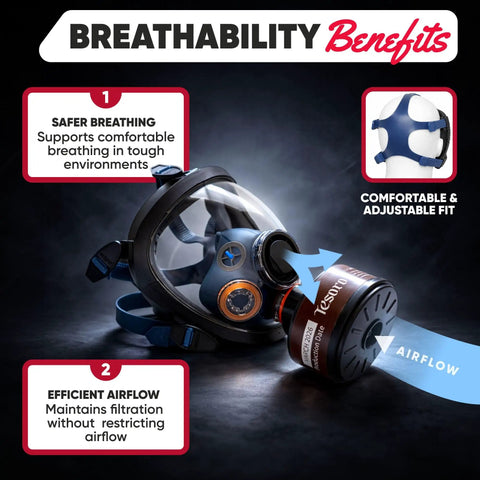Full Face Respirator Mask With Anti Fog Seal Heavy Duty Air Filtration For Particulates And Vapors 40mm Filter Canister with airflow