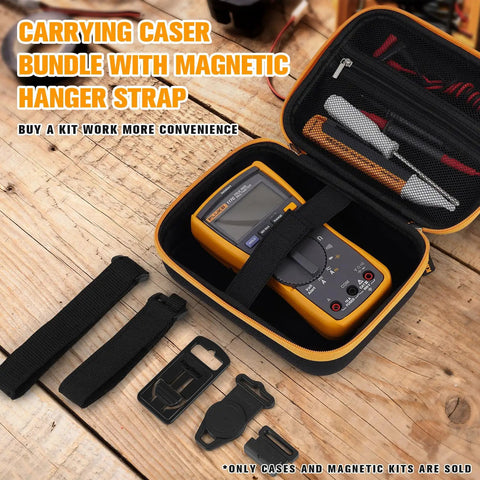 Hard Case Bundle With Magnetic Hanging Strap For Fluke Digital Multimeters 113 114 115 116 117, open on wooden table.