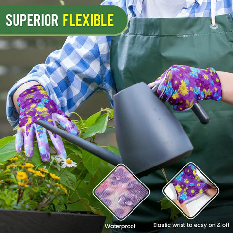 Person wearing Six Pairs Women Gardening Gloves With Breathable Rubber Coated Grip Thorn Proof And Cut Resistant watering plants.