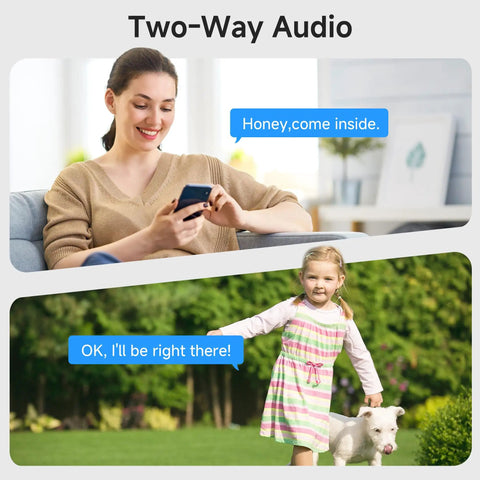 Woman using two-way audio feature of Outdoor Wireless Security Camera with 600 Lumen Spotlight Solar Powered Battery Pack 2K Color Night Vision