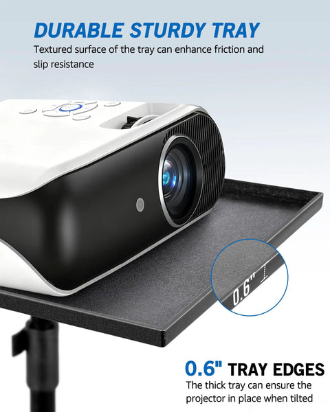 Projector on Beefy 56 Inch Height Adjustable Projector Stand Tripod With 16 By 11 Inch Tray showing 0.6-inch border thickness.