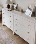 White dresser with Antique Brass Cabinet Knobs 5 Pack For Kitchen Cabinets And Furniture Vintage Retro Drawer Knobs With Single Hole Mount Solid Zinc Alloy Durable Hardware That Lasts Easy DIY Install For Closet Wardrobe Dresser Cupboard