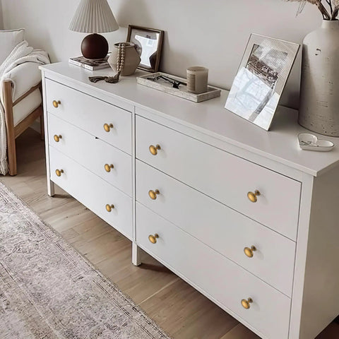 White dresser with Antique Brass Cabinet Knobs 5 Pack For Kitchen Cabinets And Furniture Vintage Retro Drawer Knobs With Single Hole Mount Solid Zinc Alloy Durable Hardware That Lasts Easy DIY Install For Closet Wardrobe Dresser Cupboard