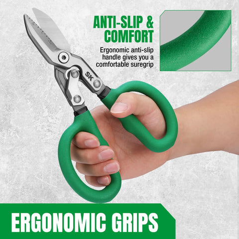 Hand holding 8 Inch Compound Action Tin Snips With Forged Blade For Heavy Duty Metal Cutting Tough Sheet Metal Shears