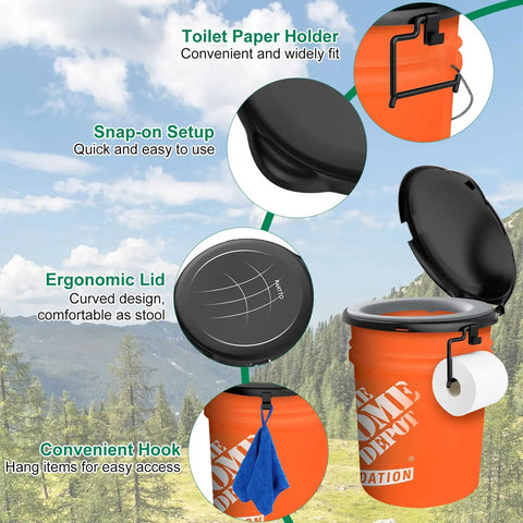Universal 5 Gallon Bucket Toilet Seat With Pillowy Comfort And Snug Lid features ergonomic lid, snap-on setup, and convenient hook.