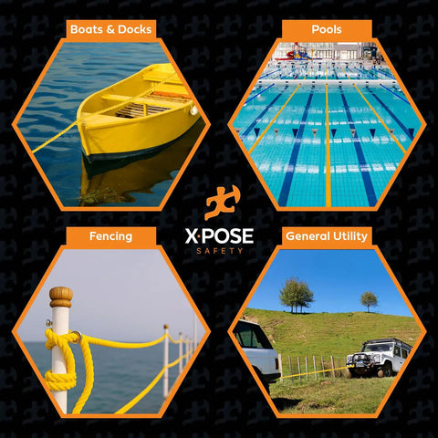 Collage showing Heavy Duty 1/2 Inch Yellow Polypropylene Rope 600 Feet used for boats, pools, fencing, and general utility.